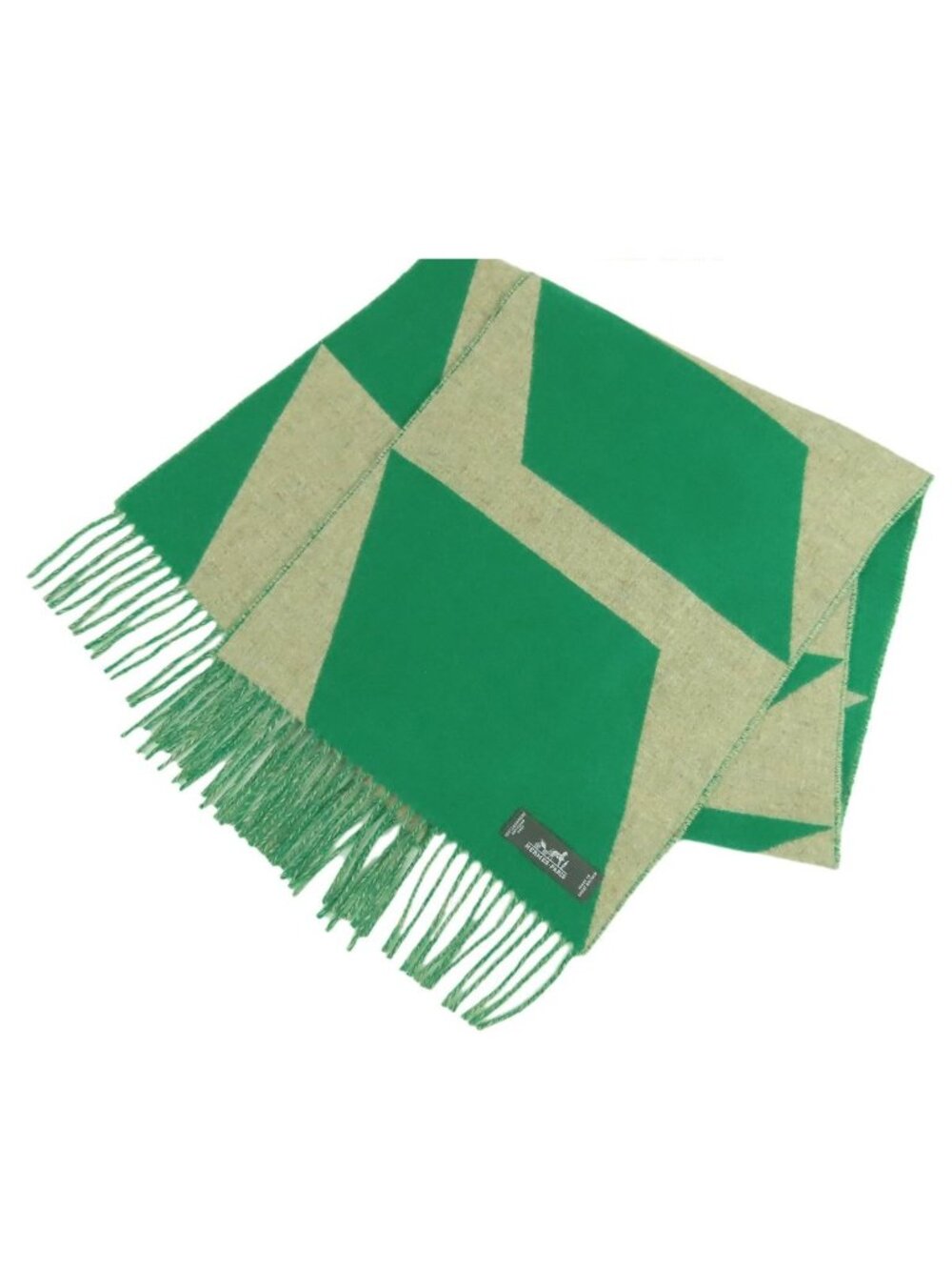 Hermes Casaque Optic Green Beige Cashmere Scarf